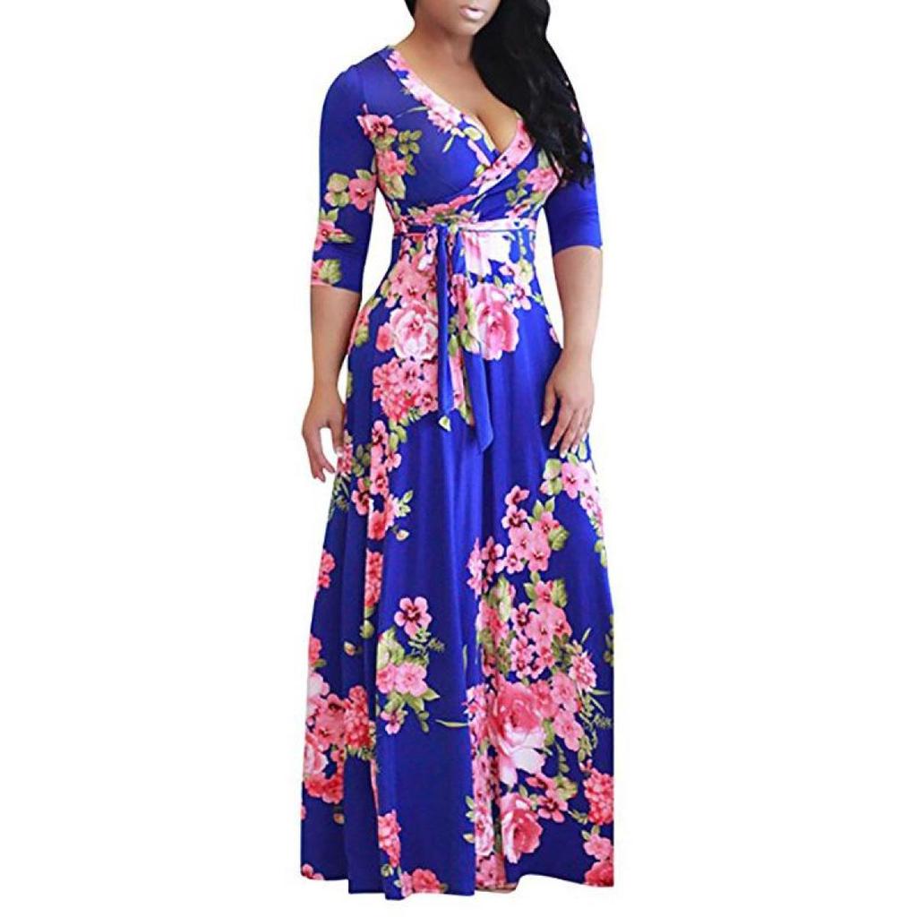 Women's Long Sleeve V Neck Tie Print Long Plus Size Dress