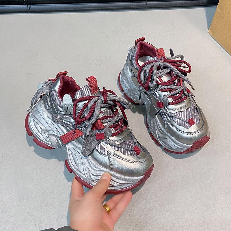 High-end Women's Small Leather Mesh Thick Sole Inner Height Increase Casual Shoes Show Feet Small Women's Shoes Tide