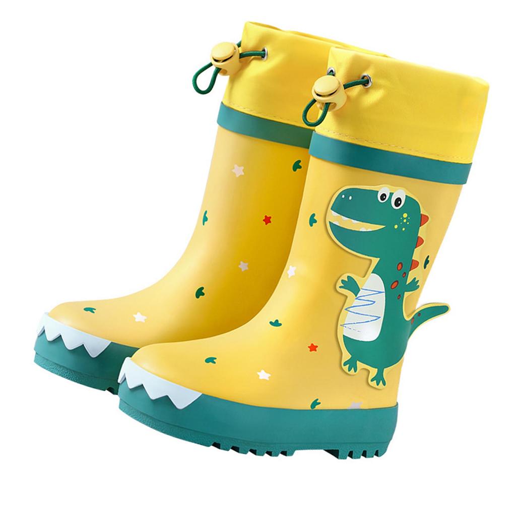 Kids Rain Boots Slip Resistant Cartoon Dinosaur Waterproof Rubber Children Tall Rain Shoes for Boys Girls Yellow and