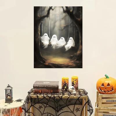 1pc with Frame Four Cute Ghosts Fun Creative Canvas Painting Home Living Room Bathroom Hotel Coffee Shop Office Halloween Art Canvas Wall Art Poster