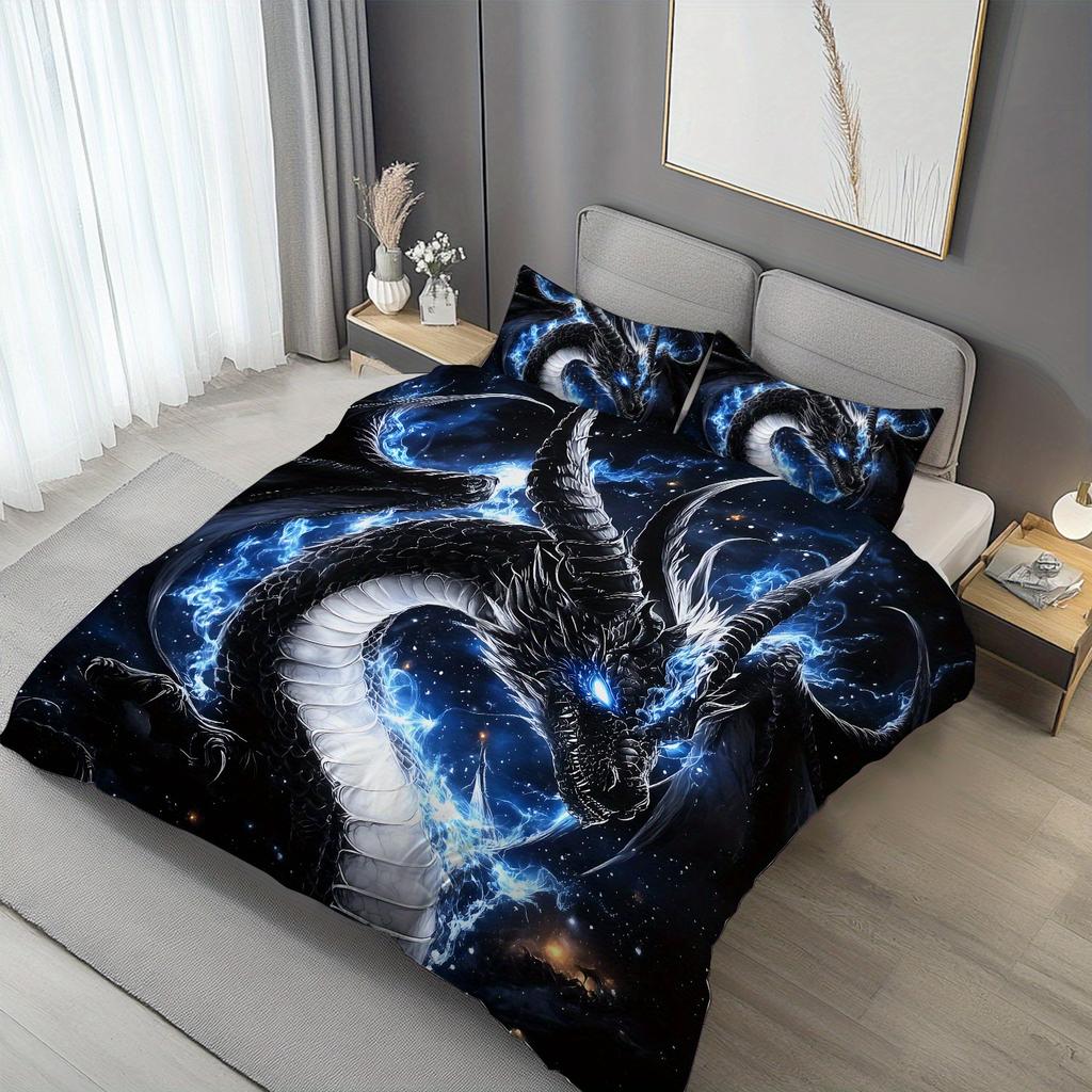 Latacaca 2/3-teiliges Schwarzer Drache Kosmisch Bettbezug-Set, Knitter- und Ausbleichbeständig Maschinenwaschbare Bettwäsche mit Kissenbezügen