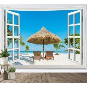 Tapestry window sky ocean tropical plant 75x100
