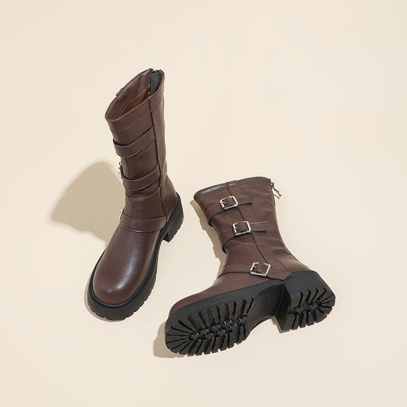 

Slim Long Boots for Women In Autumn and Winter New Style Popular Square Buckle Thick Heel British Style Mid-boots Retro Knight Boots 40