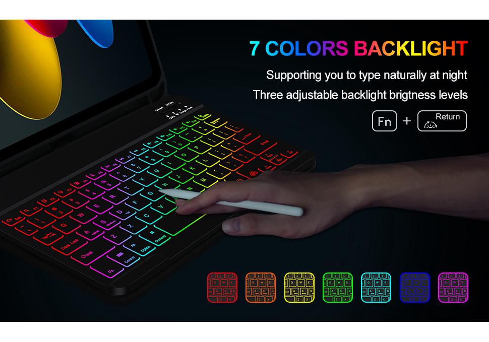 Colorful Backlit Keyboard Case for iPad 11th Gen - A16 Detachable Keyboard with Pen Holder