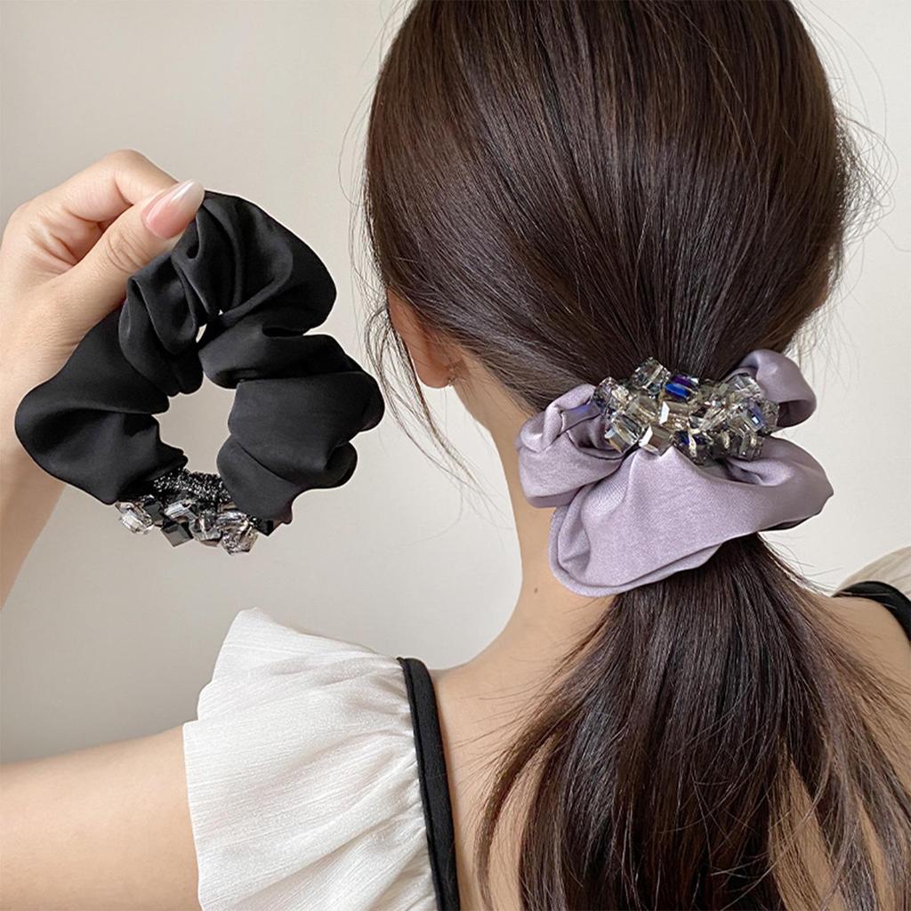 Elegant Satin Rhinestone Scrunchie for Women - Luxurious Hair Tie for Ponytails and Buns