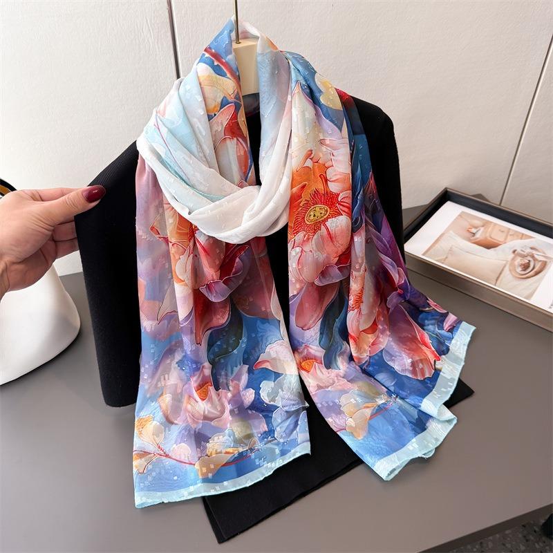 Symphony magnolia print cut flower spring and summer silk scarf large long scarf high-end travel shawl sun protection women's scarf headscarf