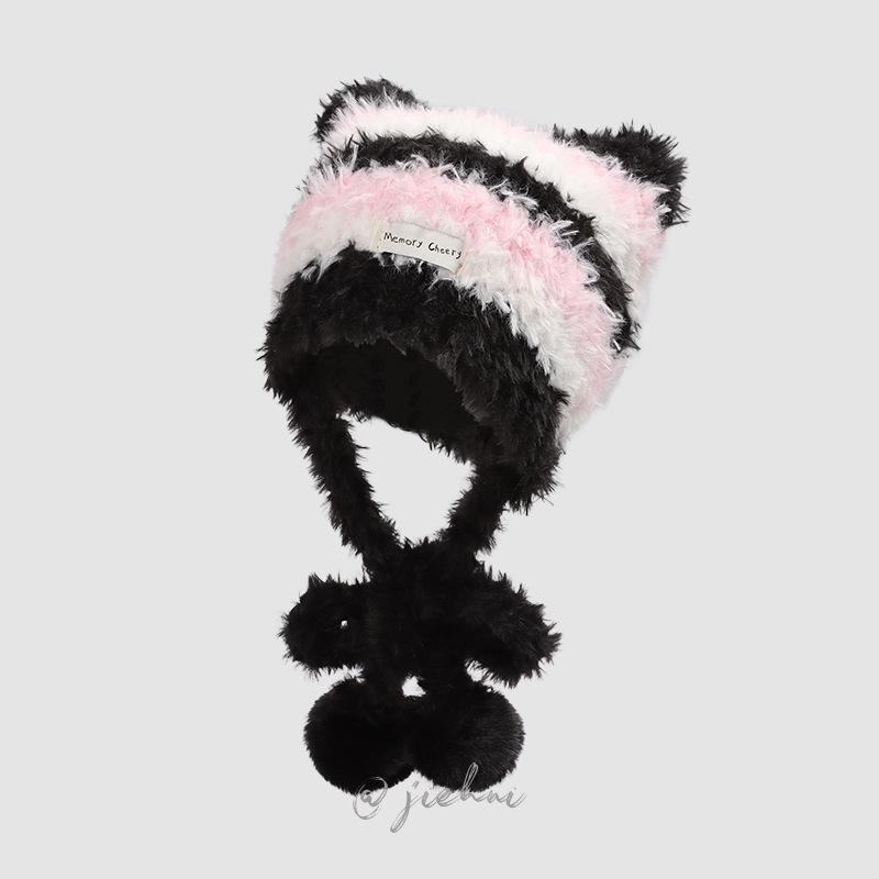 

Женская пушистая полосатая шерстяная шапка — новый стиль для осени и зимы, плотная, теплая и защищающая уши.