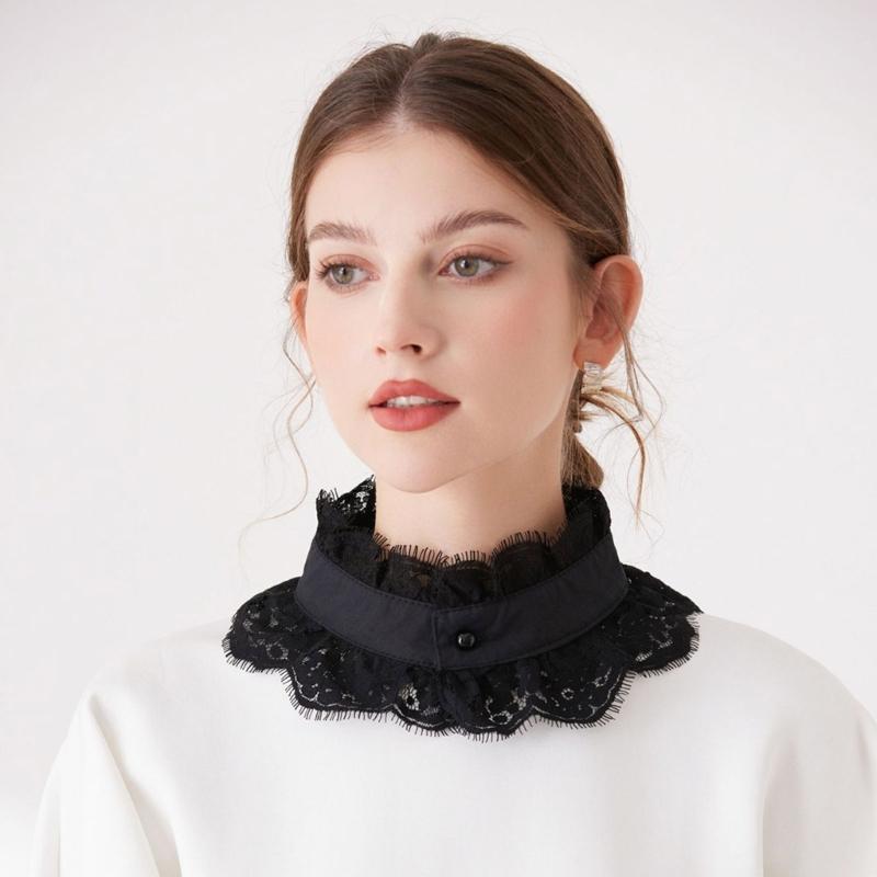Women Faux Collar Eyelash Flower Lace Detachable Blouse Collar Necklace with False Sleeves Cuffs Set Clothing Accessory