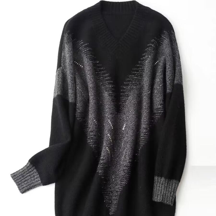 

Модный трикотажный свитер с V-образным вырезом для женщин, свободный, вязаный, новый осенне-зимний, большого размера, верхняя базовая рубашка M чёрный