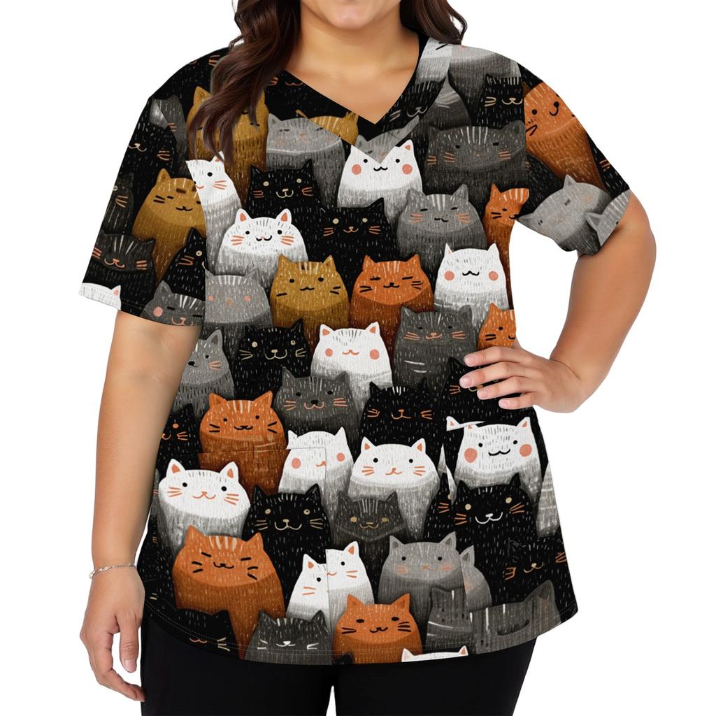 Women's V Neck Short Sleeve Work Top with Pockets Cartoon Print Medical Uniform Scrub Shirt for Healthcare Professionals