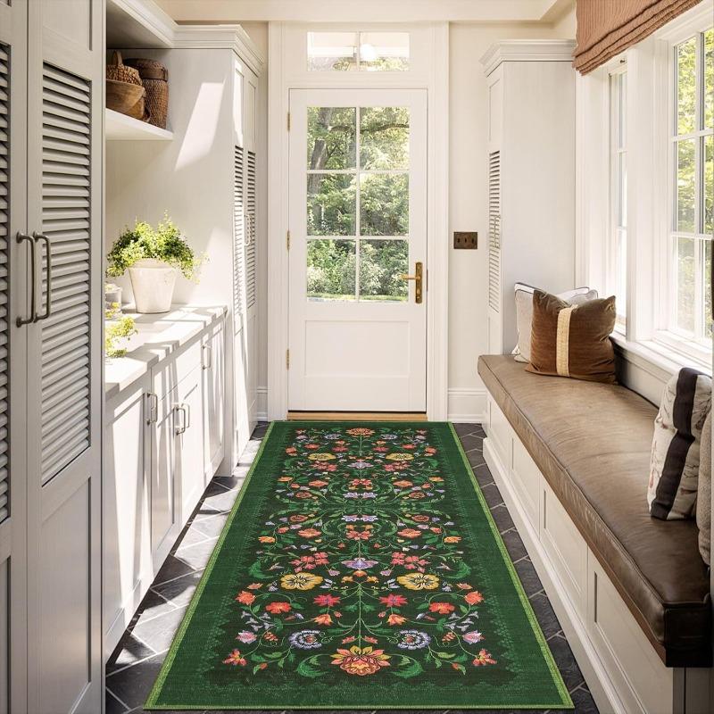 Retro Runner Rug Nordic Style Floral Print Kitchen Carpet Stylish Light Luxury Machine Washable Non-Slip Bedside Mat Alfombra
