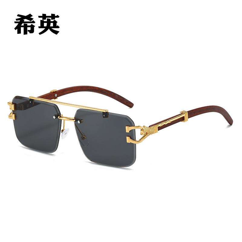 Double Beam Trimmed Square Rimless Glasses Sunglasses Men, Leopard Trend Sunglasses Women