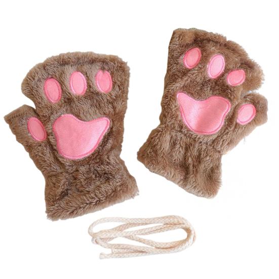 Women Cat Paw Gloves Cute Fuzzy Warm Half Finger Gloves Winter Plush Animal Paw Gloves for Girls Teens Cosplay Costume Parties Daily Wear