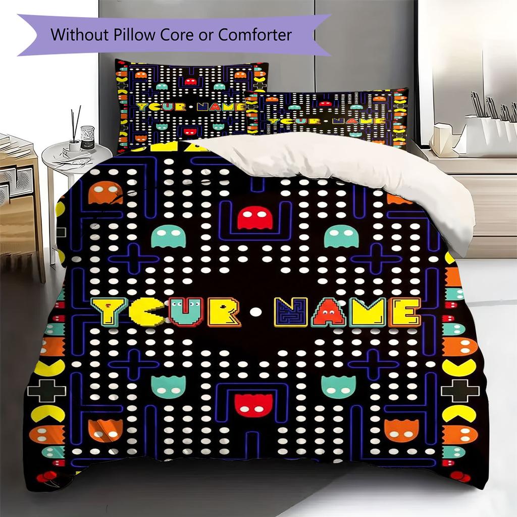 Pac-Man Custom Name Pattern Bedding,Quilt Set Quilt Cover Pillowcase Home Birthday Gift(1 * Duvet Cover + 2 * Pillowcase, Without Core)