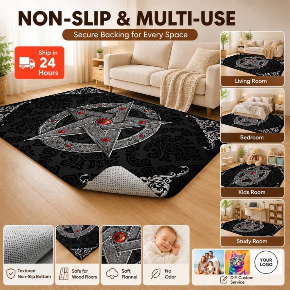 Dark Gothic Pentacle Ruby Accents Patterned Rug Nonslip Thick Carpet For Living Room Bedroom Hallway Home Decor Birthday Gift