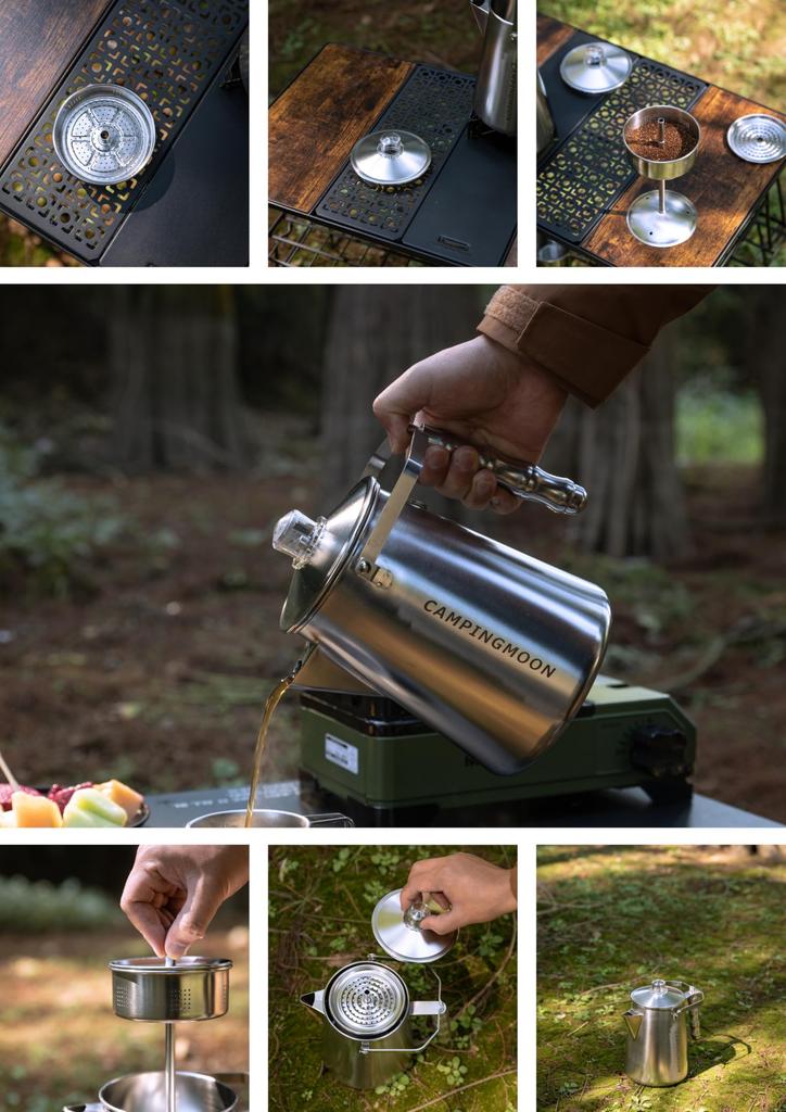 CAMPING MOON SW-7 Stainless Steel Percolator Kettle, Direct Flame, One-Piece Molding, Gas Stove Only, 1.2L