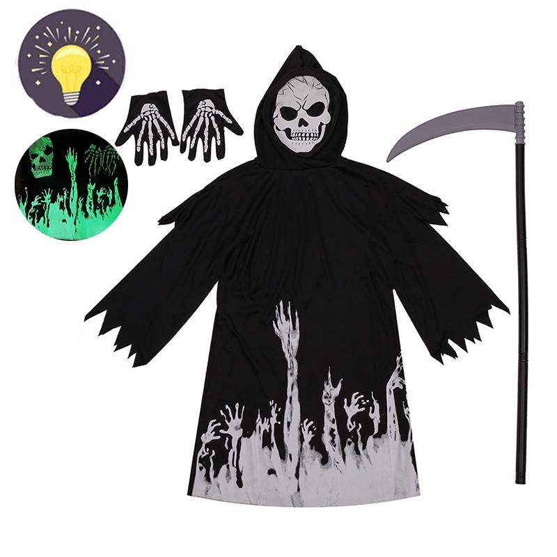 Halloween Kids Grim Reaper Death Costume With Luminous Sickle Prop