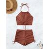 Women's Solid Color Ribbed Knit 2-Piece Swimsuit Halter Neck Cutout Tie Crop Top Ruched Side Tie Shorts Stylish Casual Swimwear