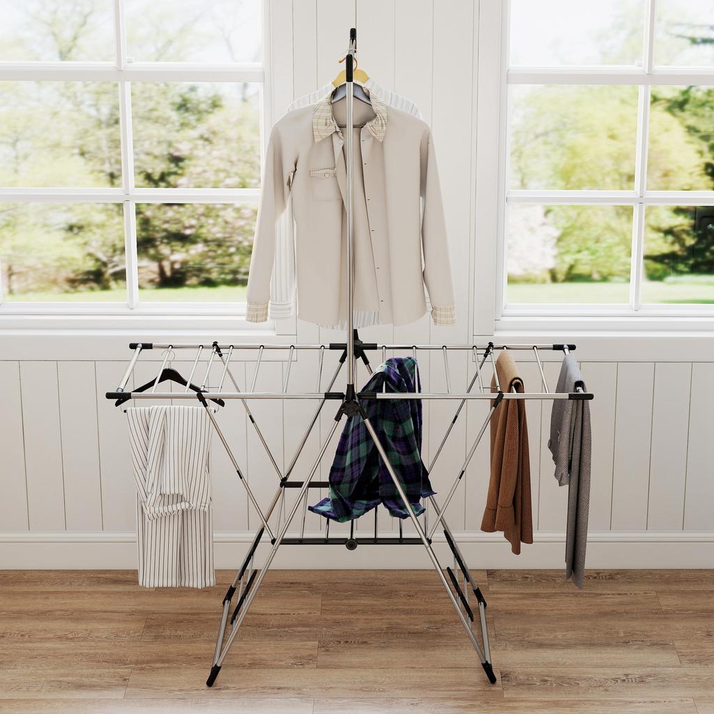 Folding Clothes Drying Rack with 5 Adjustable Wings and 4 Shoe Racks, Stainless Steel, Silver