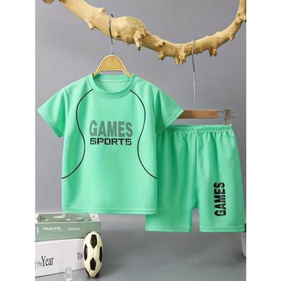 Boy's Quick-drying Outfit 2pcs, GAMES SPORTS Print T-shirt & Shorts Set, Kid's Clothes For Summer Outdoor Wear