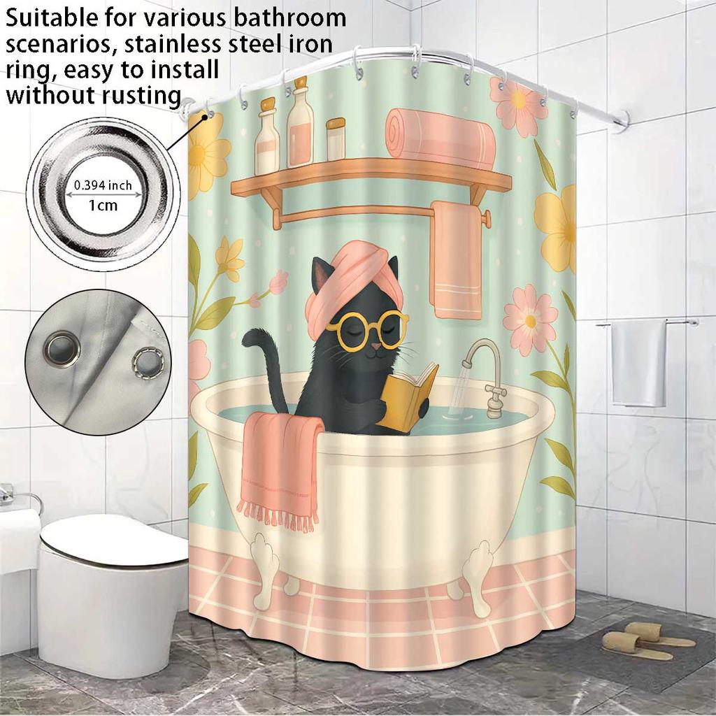 1 Stück Niedliche Katze Duschen Bedruckter Duschvorhang, Lustiger Stil, Wasserdicht, Mit 12 Haken, Badezimmerduschen, Badewanne, Heimgebrauch