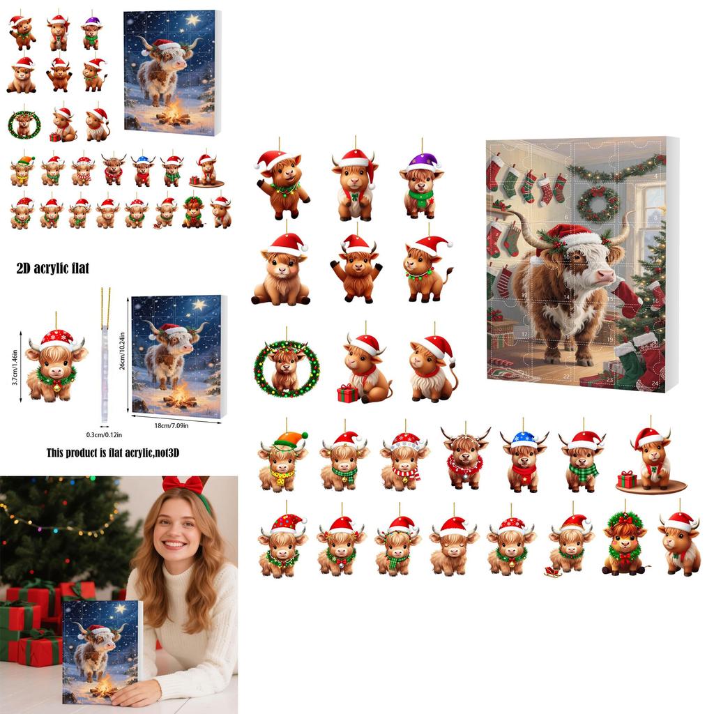 Christmas 24day Advent Calendar With Acrylic Cow Ornament For Holiday Gift Giving