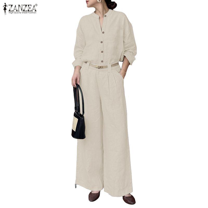ZANZEA Women Long Sleeve Blouse and Pants Casual Two Piece Suit Sets