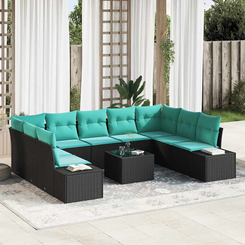 Garden Sofa Set with Cushions 10 pcs Black Poly Rattan