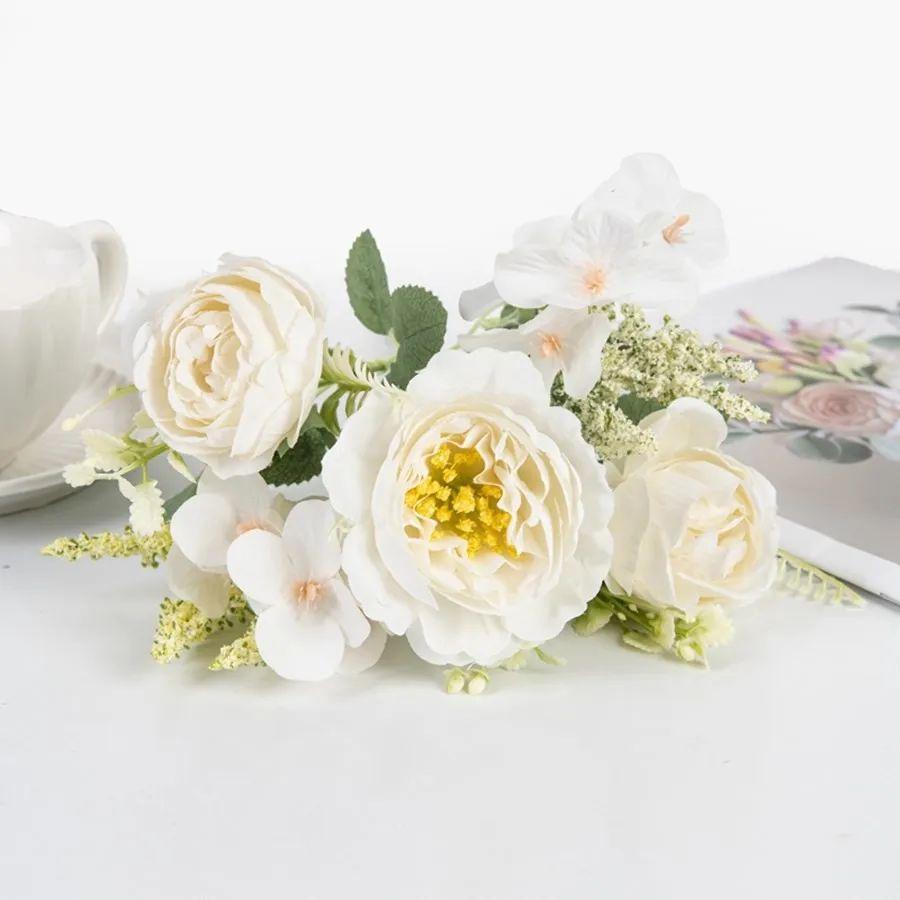 Artificial Flowers White Silk Hydrangea Peony Wedding Party Flower Bundle Home Vase Decorative Props Festival Scrapbook Ornament