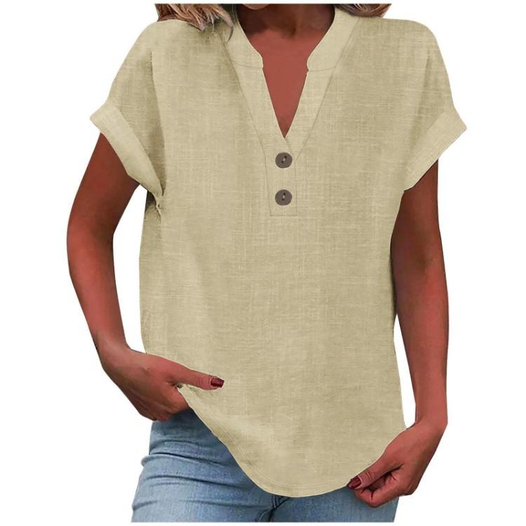 Women Casual V Neck Short Sleeve Button Down Shirt Solid Color T Shirt Top Fashion