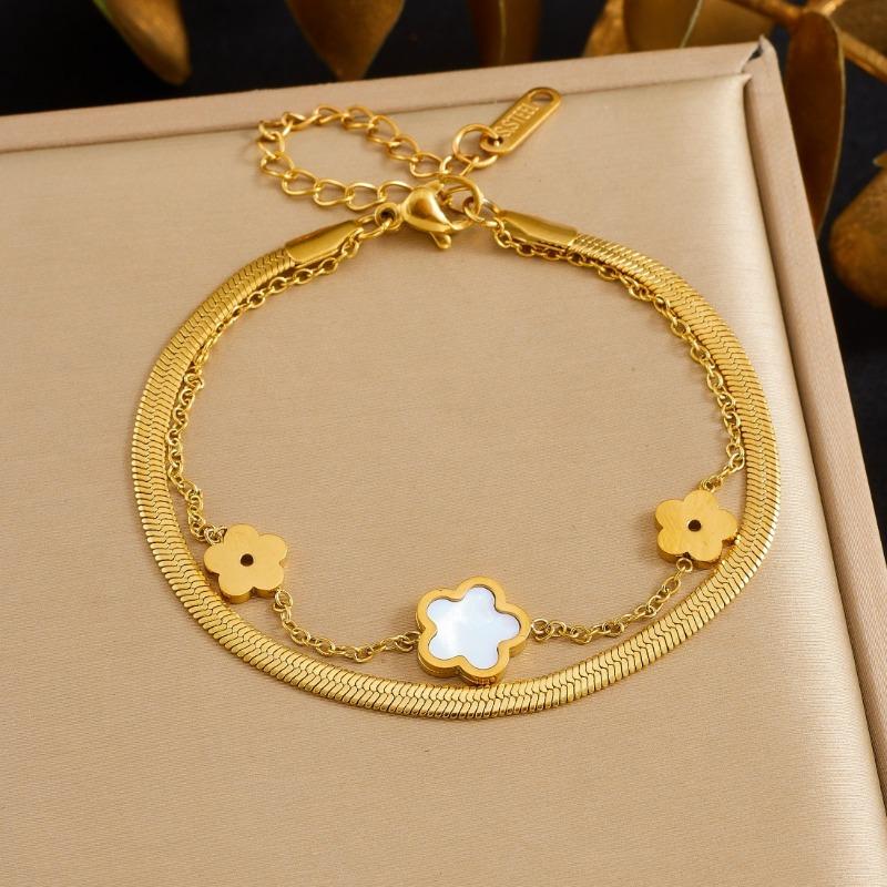 Gold Plated Double Layer Flower Bracelet, Stainless Steel Herringbone Chain Wrist Jewelry, Waterproof Dainty Bracelet for Women Gift