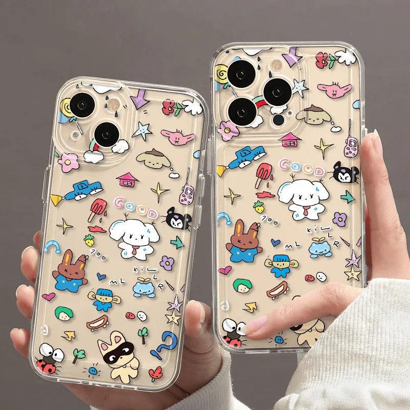 Transparent Cute Dog Illustration Phone Case for Apple 17, 16, 15, 14, 13 Pro Max, 12, 11