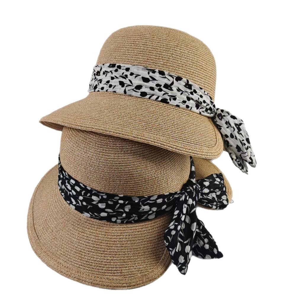 New straw hat women's summer travel sun hat back opening floral bow bucket hat straw woven wide brim sun protection hat