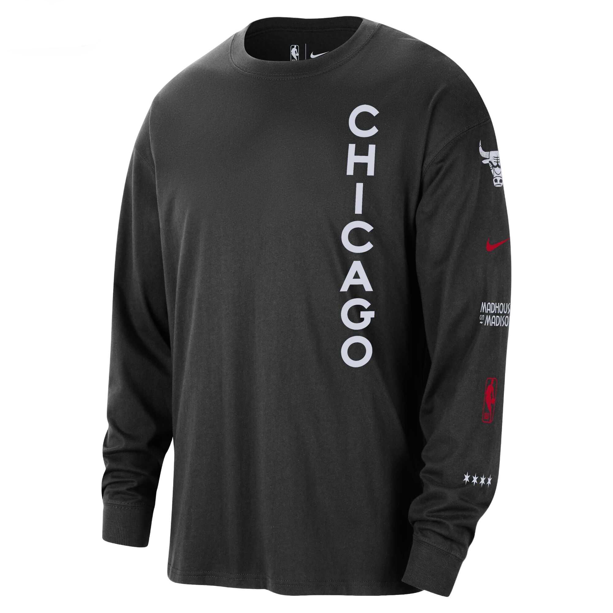 Nike Chicago Bulls NBA Max90 City Edition Long Sleeve Loose Fit Crew Neck Basketball Jersey Men tops FN1099-010 M