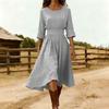 Women’s Casual Long Sleeve Crew Neck Dress with Waist Design Cotton Linen Material Relaxed Fit Midi Length for Everyday Wear