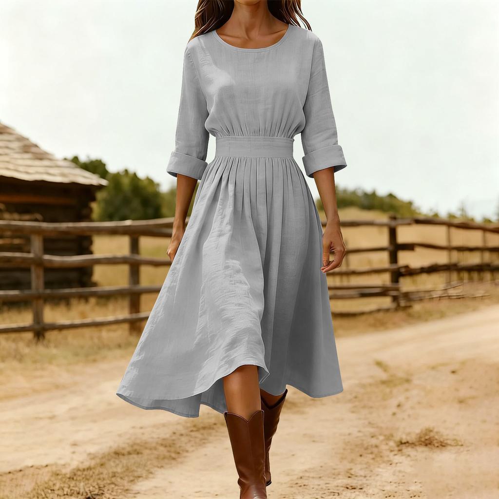 Women’s Casual Long Sleeve Crew Neck Dress with Waist Design Cotton Linen Material Relaxed Fit Midi Length for Everyday Wear