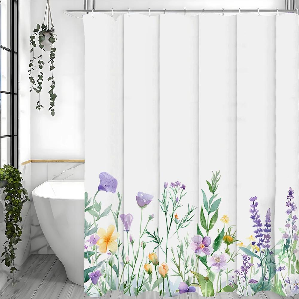 Spring Flower Plant Shower Curtain, Bathroom Decorative Shower Curtain, Waterproof Shower Curtain with Hooks