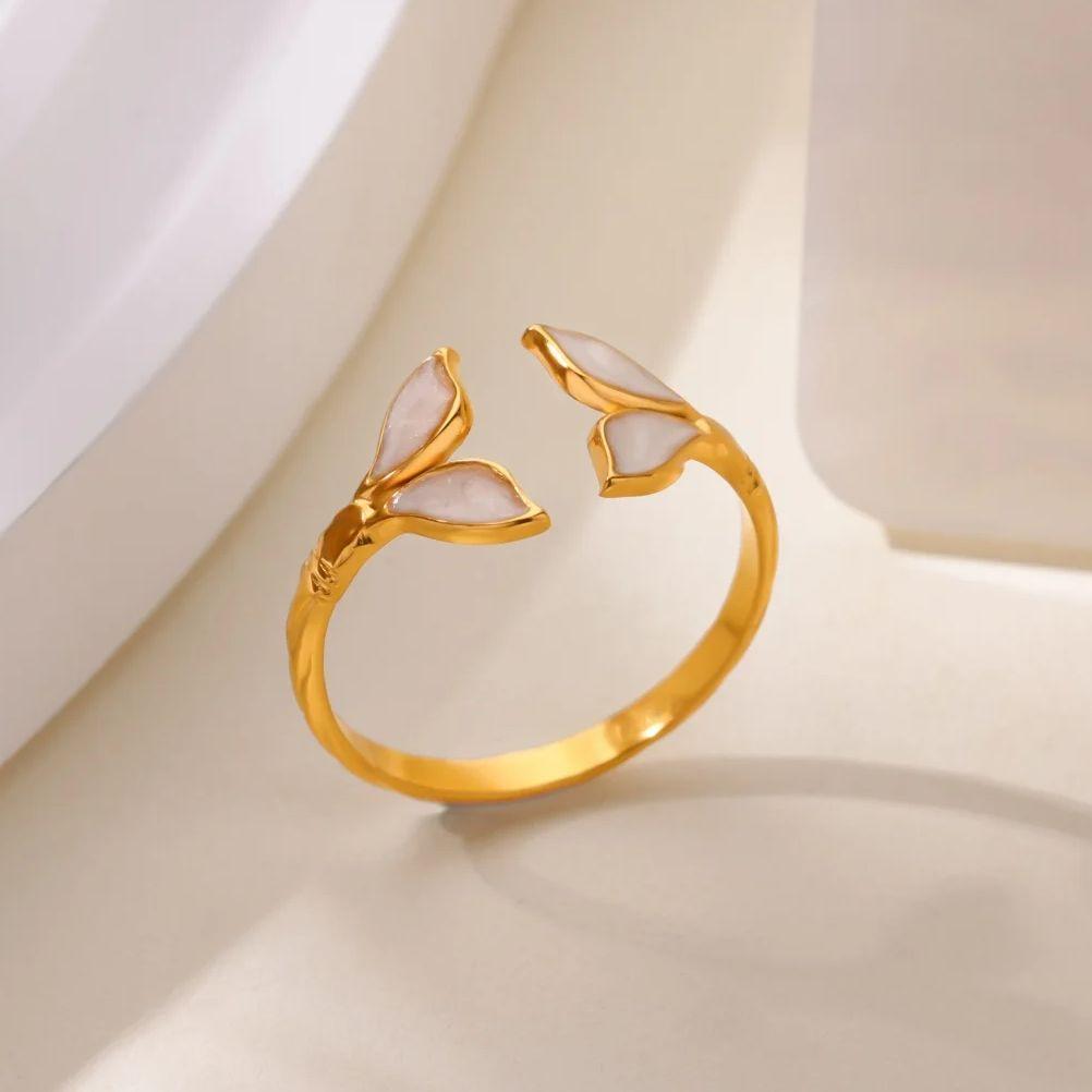 Edelstahl Grüne Blatt Wellenringe 18K Vergoldet Anti-Fading Offener Ring für Damen Hochzeits Schmuck Urlaubs Accessoires Geschenk