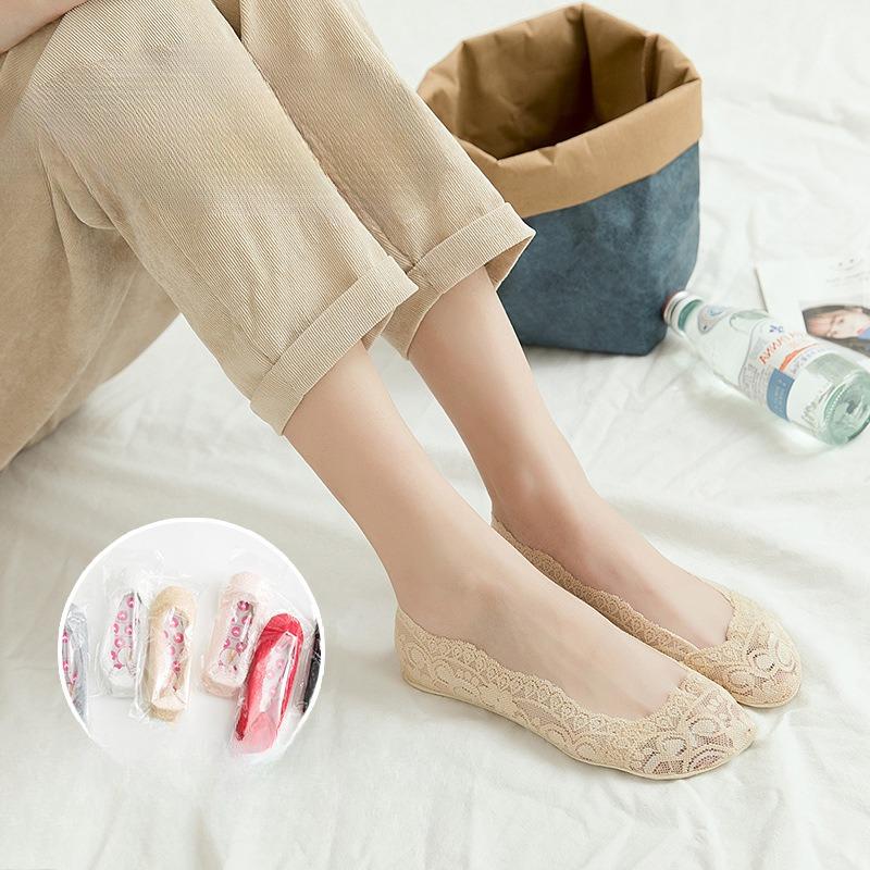 Damen Sommer Dünne Spitze Rutschfest Nicht Abfallender Absatz Flacher Ausschnitt Unsichtbare Bootssocken