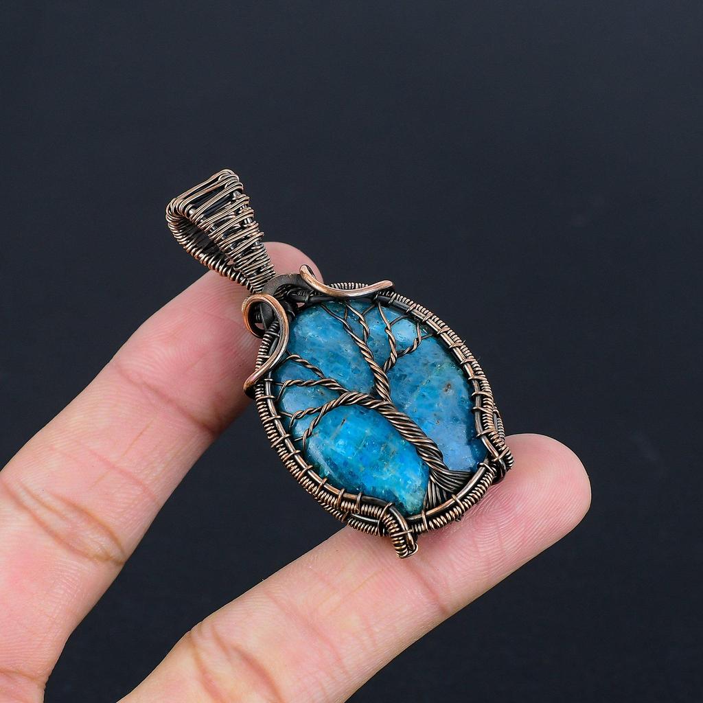 Neon Blue Apatite Gemstone Pendant 999 Copper Wire Wrapped Jewelry, Handmade Antique Pendant Jewelry, Gift For Mother