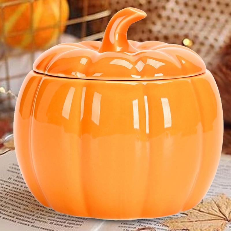Ceramic Bowl Pumpkin Shape Cartoon Pumpkin Jar Soup Can with Lid Condiment Box Seasoning Pot Soup Bowl Kitchen Container