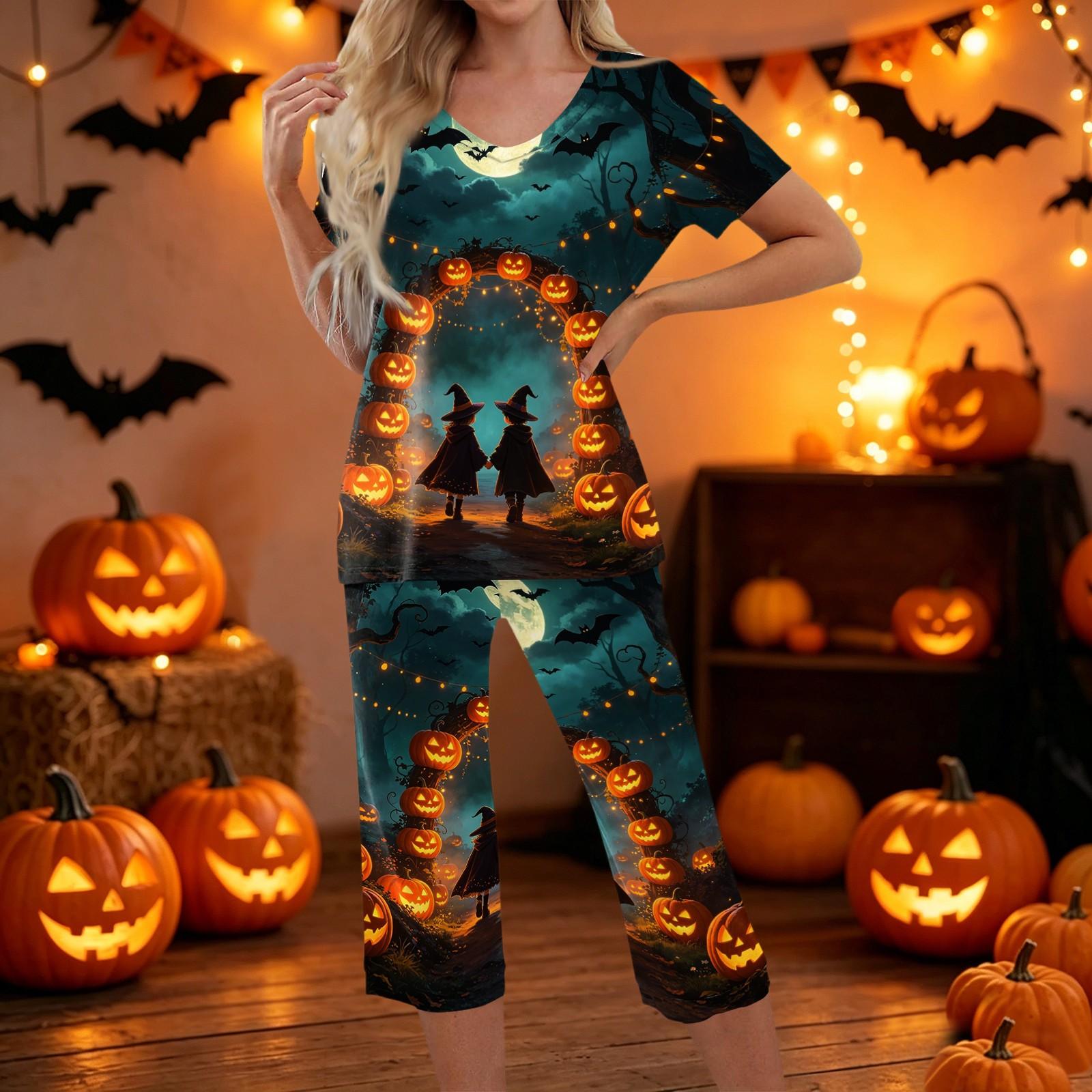 Women Two Piece Set Halloween Print Short Sleeve Top and Capri Pants Tie Dye Lounge Pajama Set Casual Sleepwear S