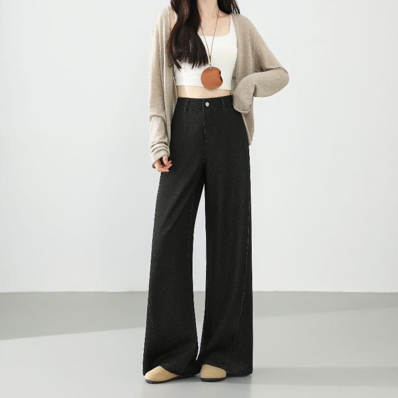 

Джинсы имитация денима синего цвета с высокой посадкой и широкими штанинами, новая женская одежда на начало осени, универсальные, свободные, драпирующиеся, повседневные брюки XL