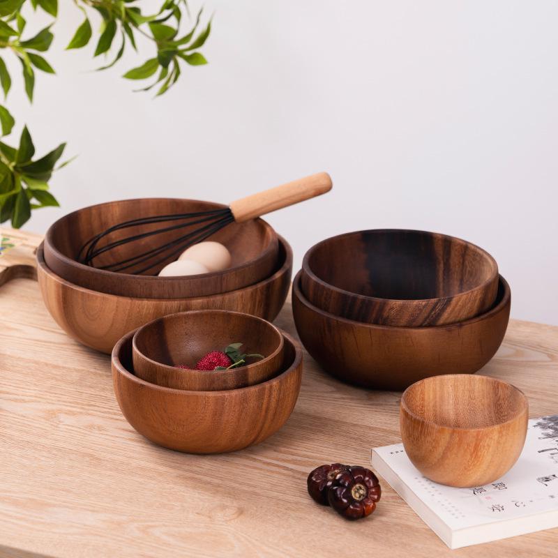 Japanese-Style Acacia Wood Salad, Rice, Ramen, and Soup Bowl