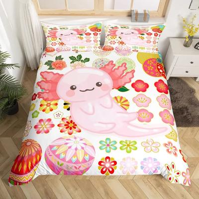 Copripiumino Cartone Animato Rosa Axolotl Floreale King Queen Set Biancheria da Letto Salamandra Kawaii Copripiumino Animali 3D Poliestere
