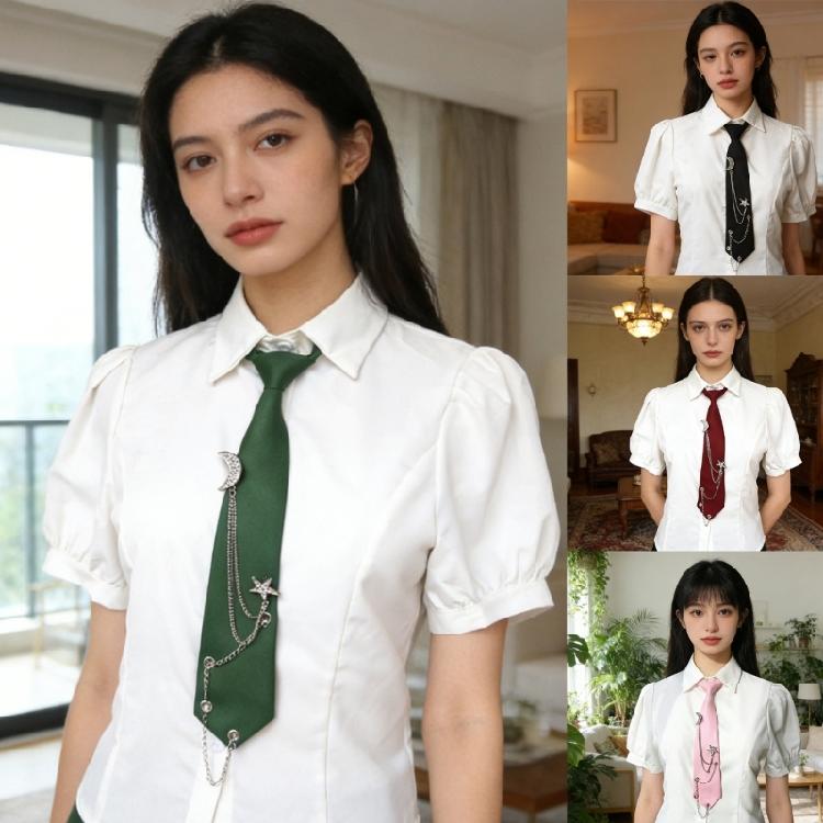 Student Pre Tied Neck Ties Preepy Look Rhinestones Star Metal Chain Dark Tie Cravat Neck Wear Accessories