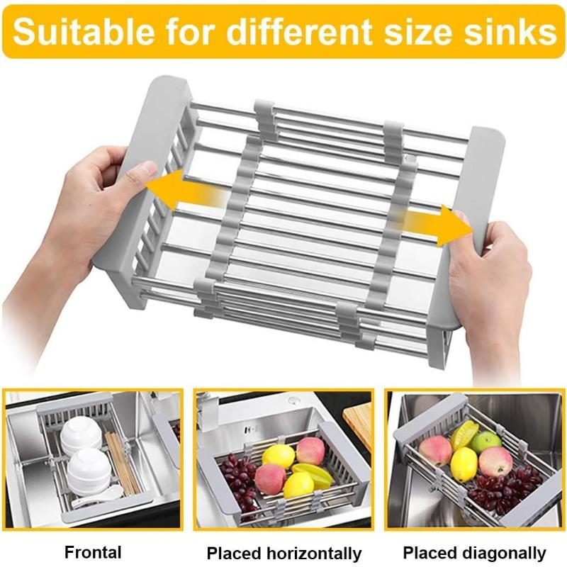 Stainless Steel Kitchen Drying Rack, Extendable Drainage Basket with Adjustable Armrests, Sink and Dish Drying Rack