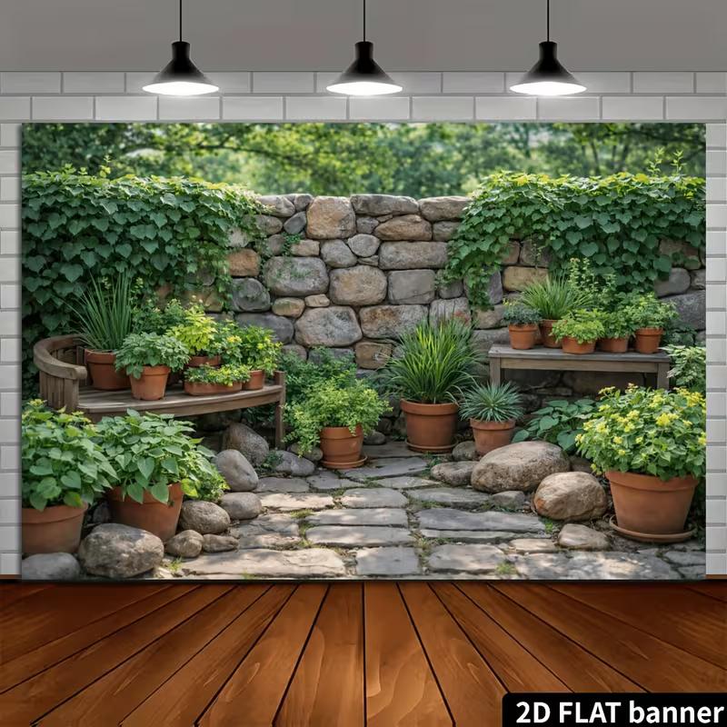 2D Stone Wall Courtyard Photography Background for Outdoor Decor
