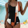 Women Plus Size Geometric Printed Scoop Neck Wide Straps High Cut One Piece Swimsuit Black White Orange