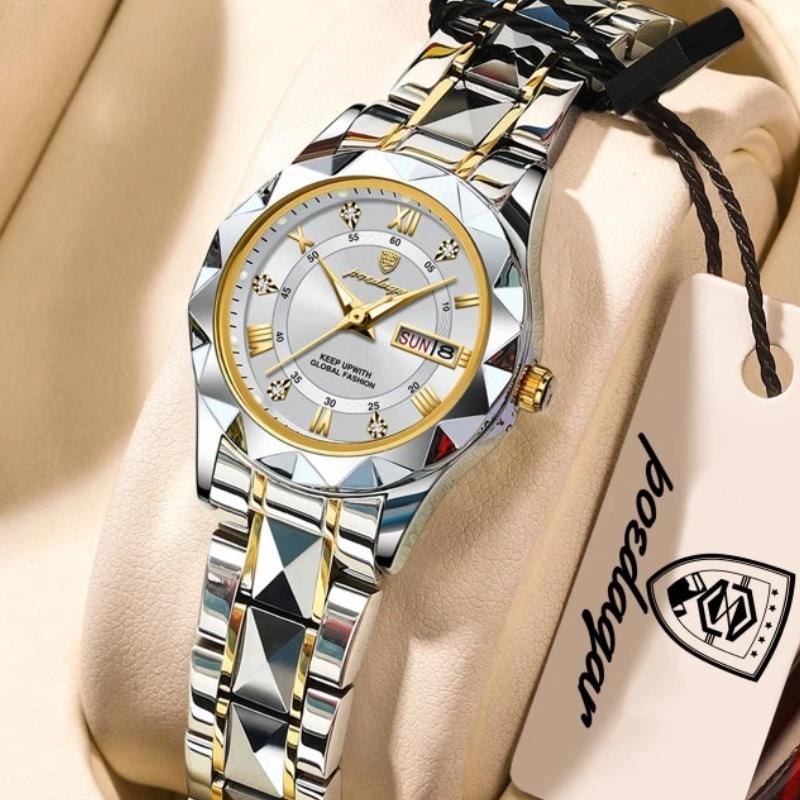 POEDAGAR Elegant Luxury Women Watch Luminous Waterproof Week Date Wristwatch Stainless Steel Fashion Quartz Ladies Watches